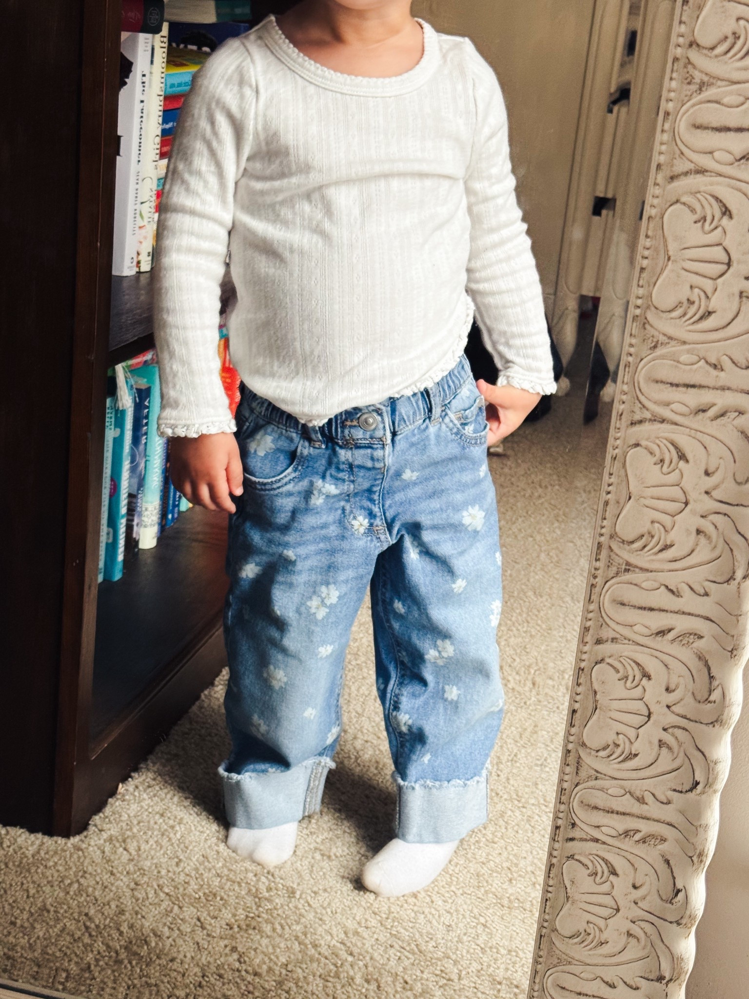 My toddlers outfit of the day with floral denim from Walmart 

#LTKKids #LTKootd