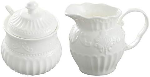 FUYU Relief White Ceramic Creamer and Sugar Bowl Set Coffee Serving Set Cream Pitcher | Amazon (US)