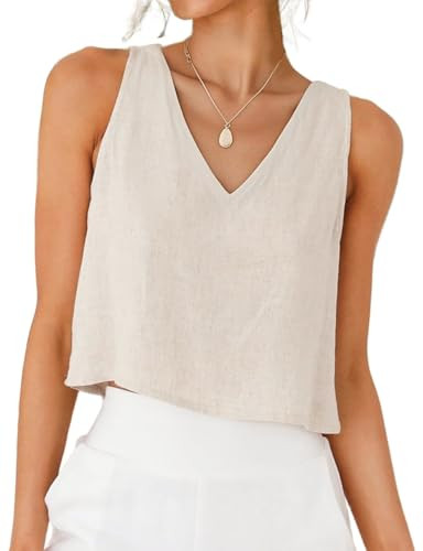 IDEALSANXUN V Neck Linen Tank Tops for Women Summer 2026 Cute Cropped Sleeveless Shirts Blouses Beach Vacation Clothes, Beige, XL | Amazon (US)