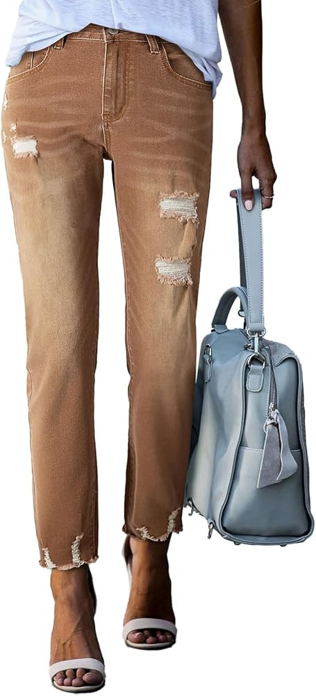 EVALESS Womens Jeans High Waisted Stretchy Ripped Distressed Tummy Control Straight Ankle Jean fo... | Amazon (US)