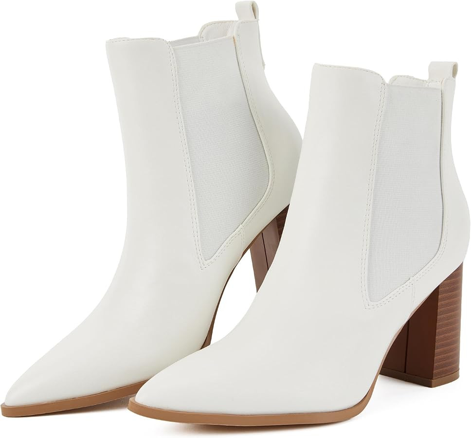 Putu Women's Pointed Toe Ankle Boots Chunky Heel Chelsea Boots Pull on Heeled Booties with Elasti... | Amazon (US)