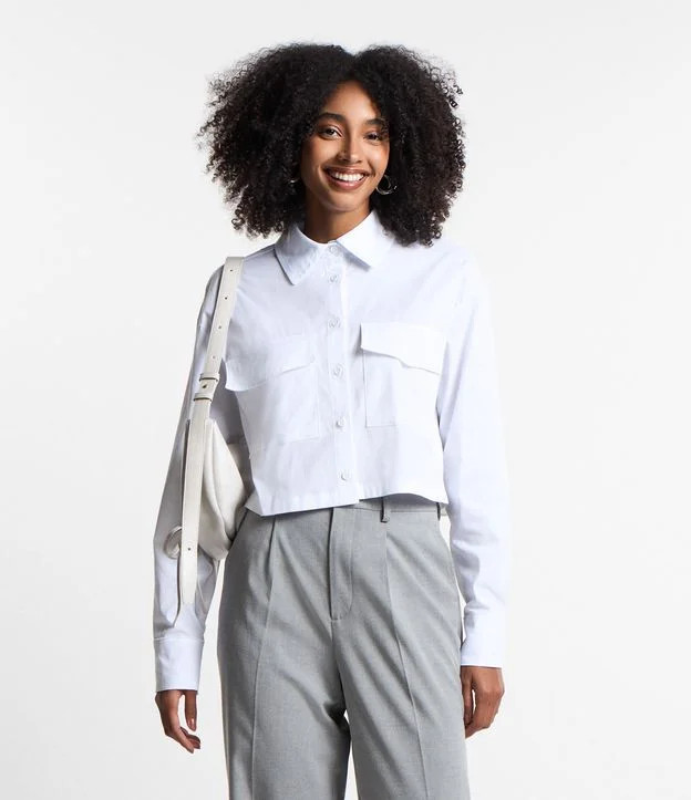 Camisa Curta em Tricoline com Bolsos Branco | Renner (BR)