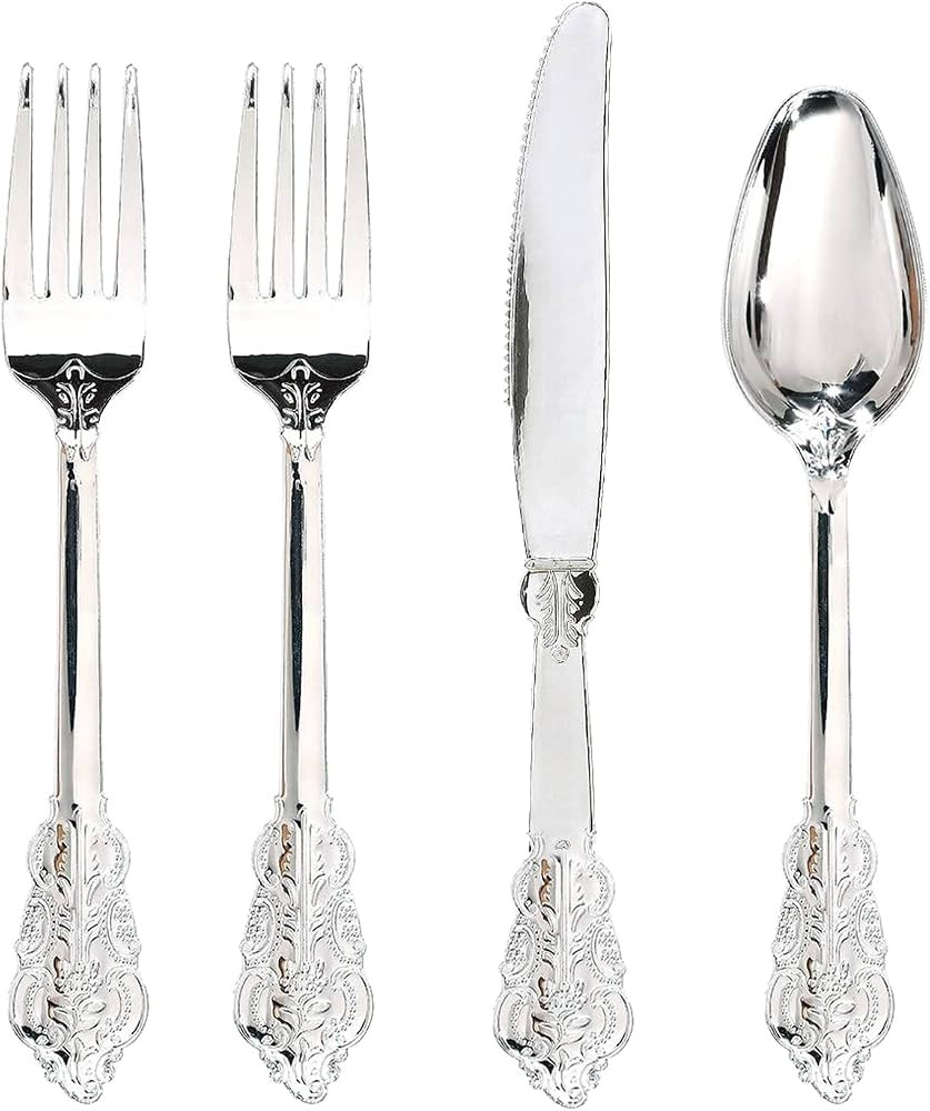 WDF 200 Pieces Silver Plastic Silverware Disposable - 50Guests Silverware Plastic Cutlery - Plast... | Amazon (US)