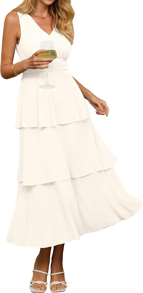 BerryGo Womens Summer Sleeveless Maxi Dress Chiffon Flowy V Neck Casual Ruffle Tiered Boho Weddin... | Amazon (US)