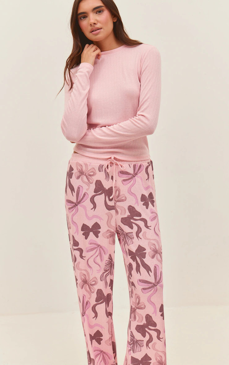 Pink Fitted Long Sleeve Top Christmas Bow Pant PJs | Lingerie & Nightwear | PrettyLittleThing US