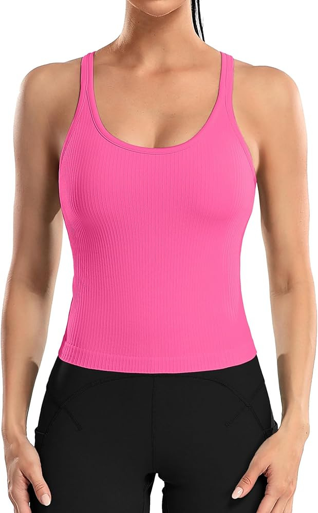 ATTRACO Women Ribbed Workout Crop Tops with Built in Bra Yoga Racerback Tank Top Tight Fit | Amazon (US)