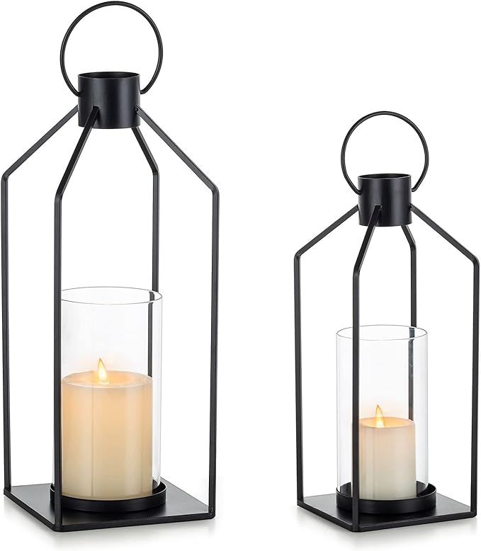 Nuptio Decorative Lantern Candle Holder: 2 Pcs Glass Hurricane Pillar Candles Holders Rustic Blac... | Amazon (US)