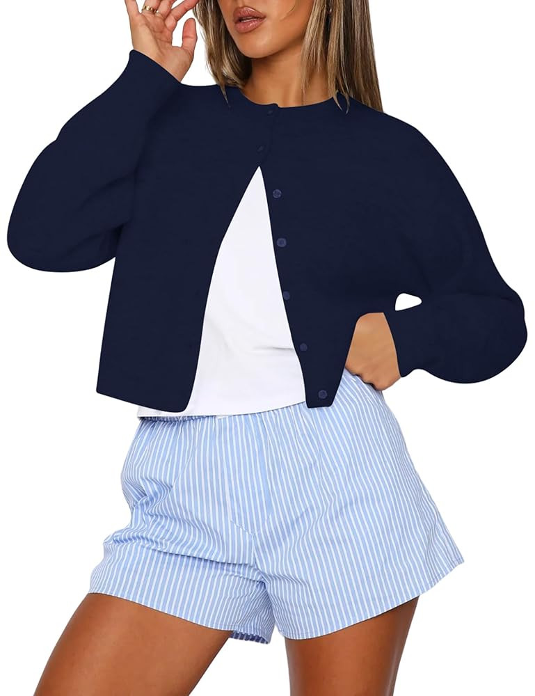 Kistore Womens Cropped Cardigan Sweaters Crew Neck Long Sleeve Button Up Sweaters Lightweight Kni... | Amazon (US)