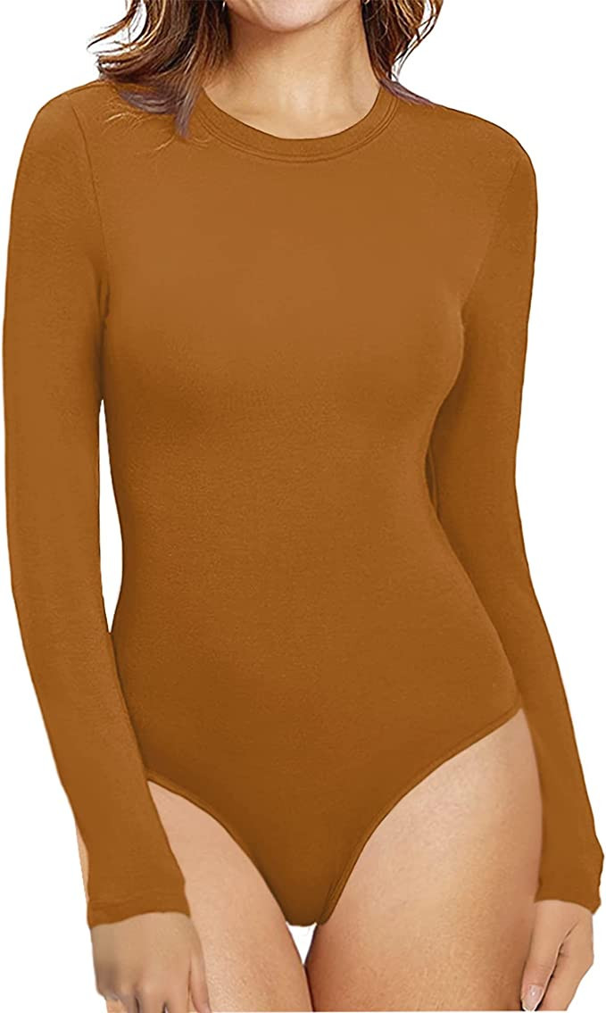 MANGOPOP Women's Crew Neck Short Sleeve Long Sleeve T Shirts Bodysuit Jumpsuit | Amazon (US)