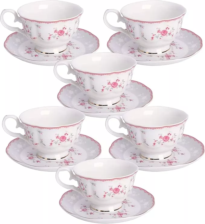 Amazingware Royal Tea Cups and Saucers, with Gold Trim and Gift Box,  British Coffee Cups, Porcelain Tea Set, Set of 6 (8 oz)- Pink