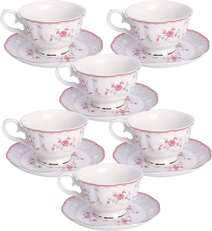 fanquare Pink Rose Tea Cup and Saucer Set for 6, British Vintage Afternoon Cup Set, Porcelain Cof... | Amazon (US)
