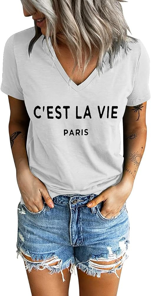 C'est La Vie Paris Quote Graphic Tee V Neck Summer Cute Trendy Short Sleeve Tshirt Shirts for Wom... | Amazon (US)