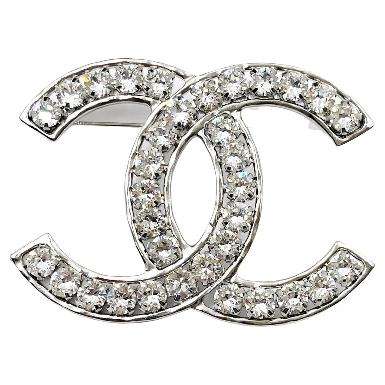 Chanel Brand New Classic Silver CC Crystal XL Brooch | 1stDibs