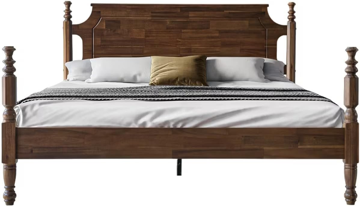 Solid Wood Queen Size Platform Bed Frame with Headboard & Footboard, Central Metal Legs, 12 Durable Slats Base, Anti-Slip & Noise-Free, Easy Assembly, No Box Spring Needed, Walnut Finish, ROQ-37 | Amazon (US)