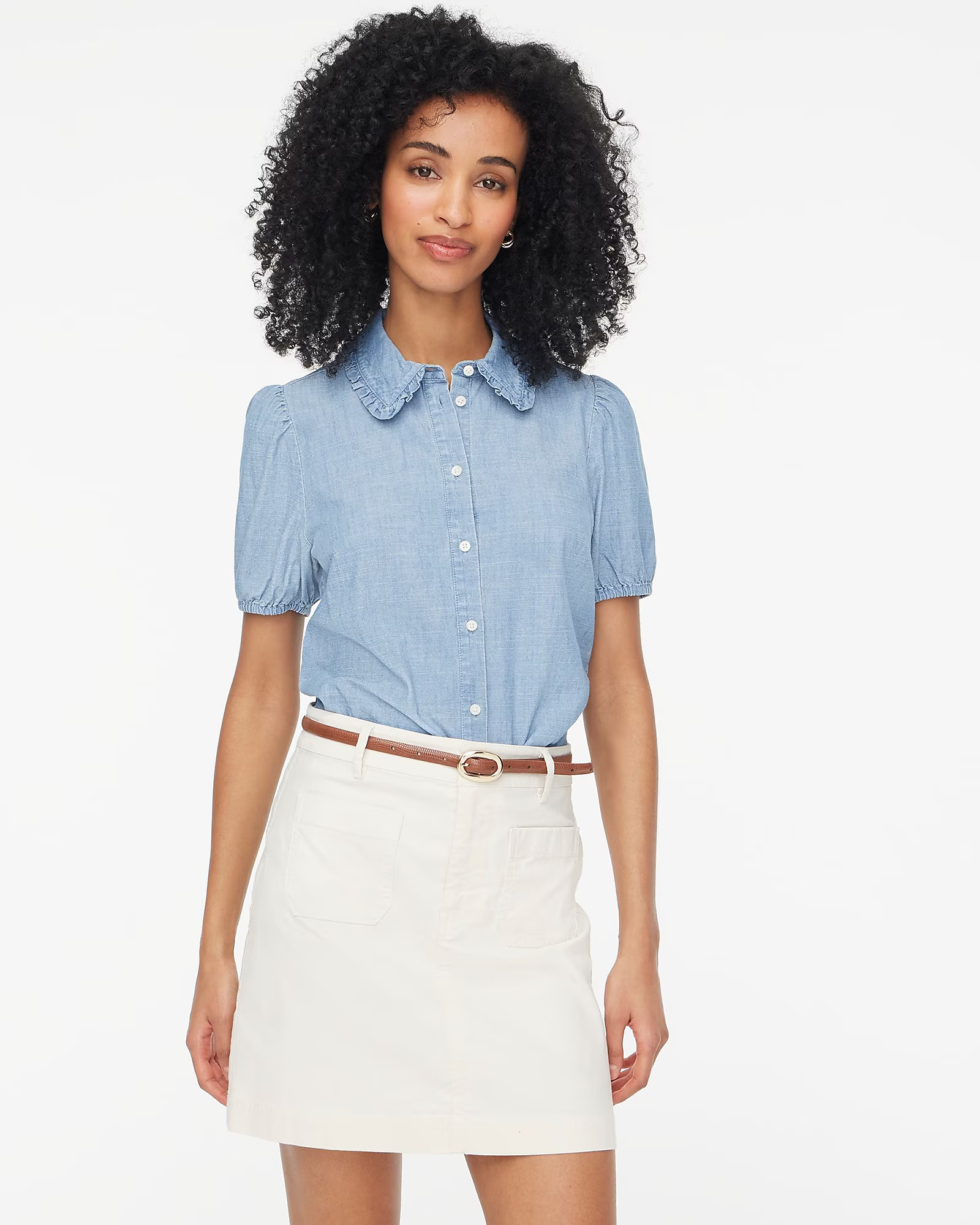 Chambray puff-sleeve ruffle-collar top | J.Crew Factory