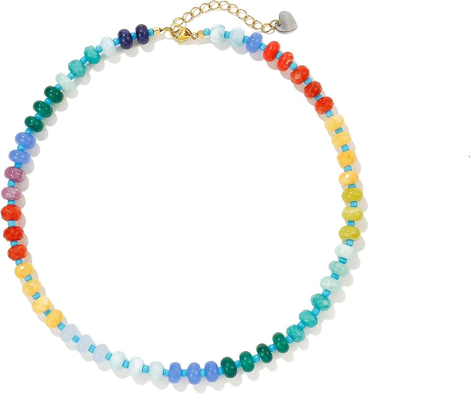 Colorful Gemstone Beaded Necklaces For Women Trendy Rainbow Natural Stone Boho Handmade Stainless... | Amazon (US)
