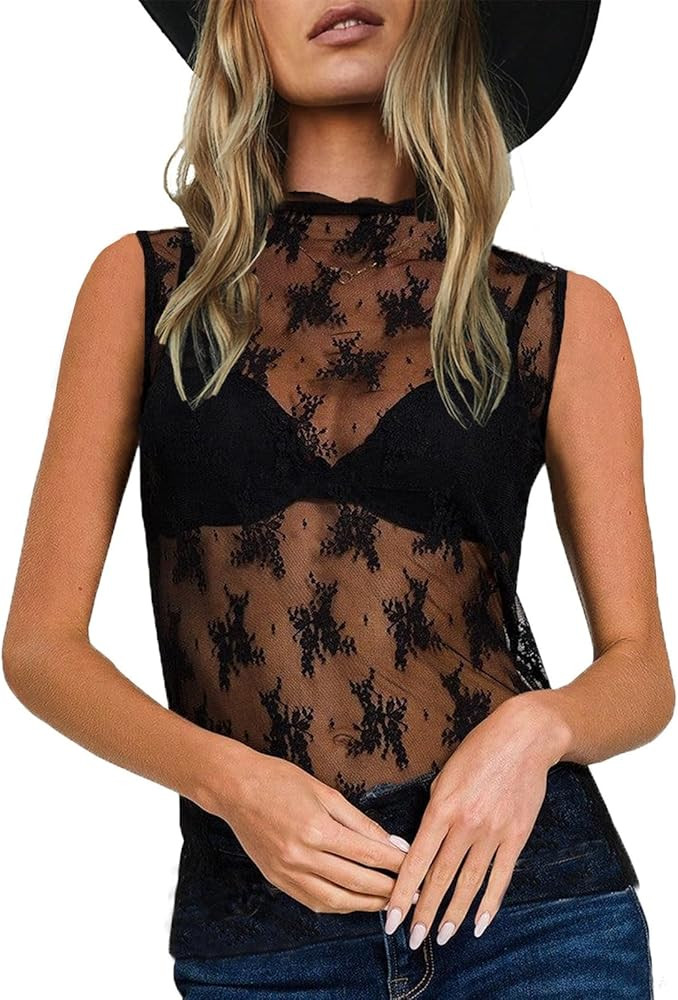 Womens Floral Mesh See Through Crop Tank Tops Mock Neck Sheer Layering Top Lace Sleeveless Shirt ... | Amazon (US)