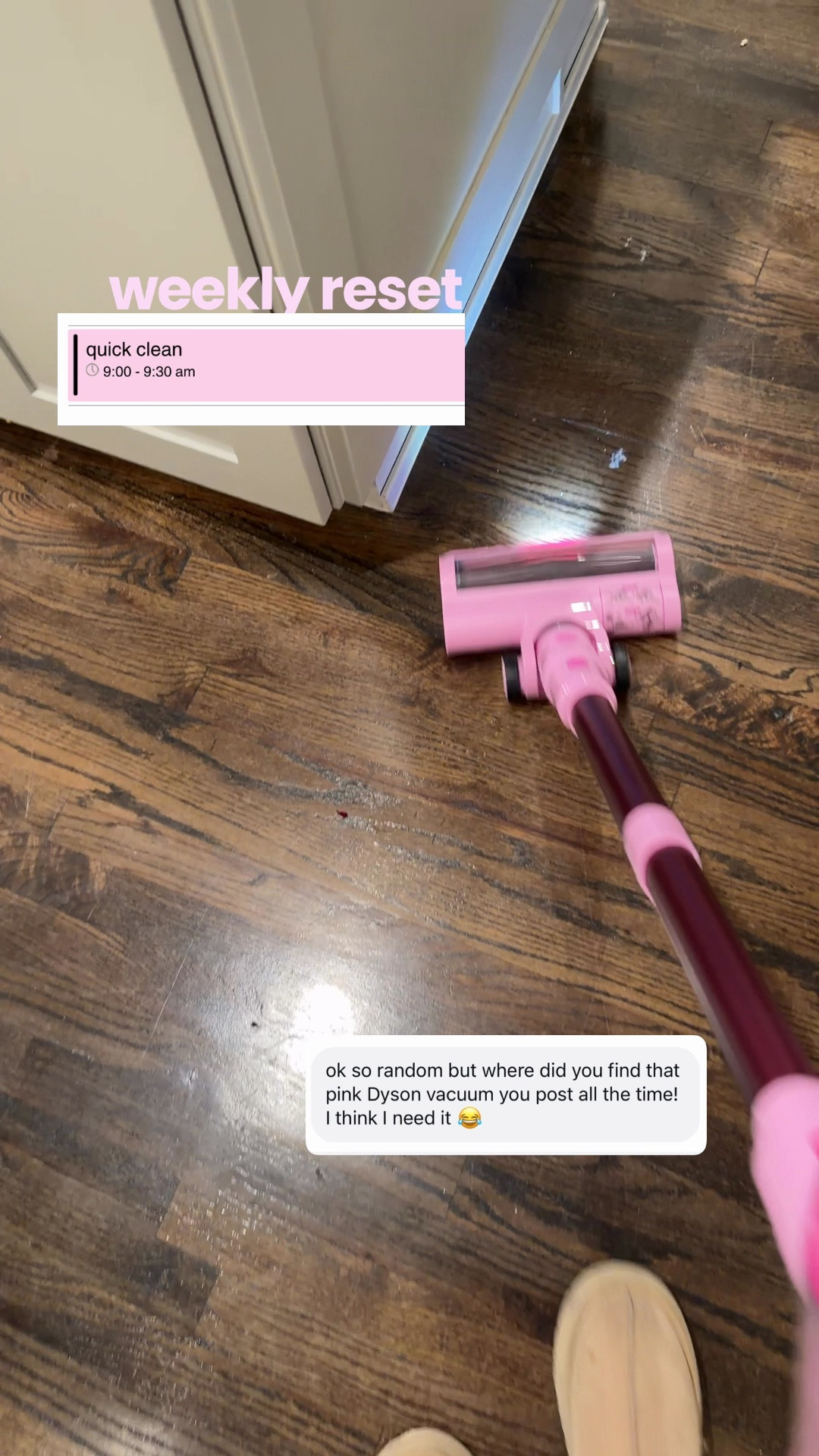 Pink vacuum from amazon ! I actually really like it for a quick clean and for cleaning the stairs because it’s MUCH lighter than a Dyson. It’s not as powerful as a a Dyson but honestly my Dyson kept breaking  it’s actually a great vacuum for $80!!!  

#LTKdayinmylife #LTKmorningroutine #LTKvlog