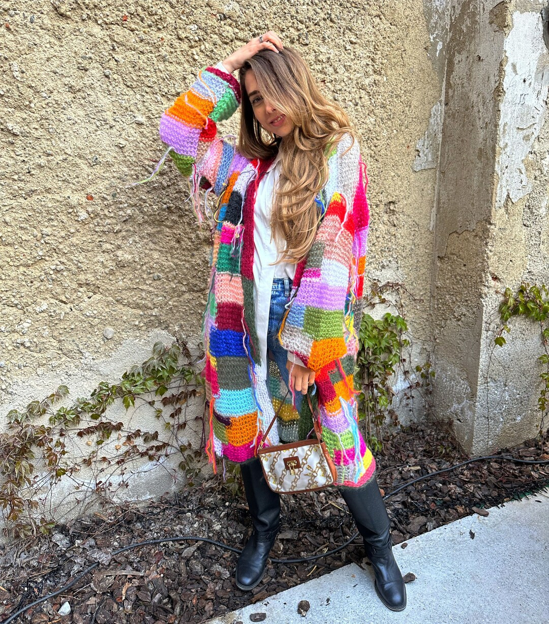 Rainbow geometric cardigan Multicolor mohair cardigan Patchwork handknit cardigan Stylish long br... | Etsy (US)