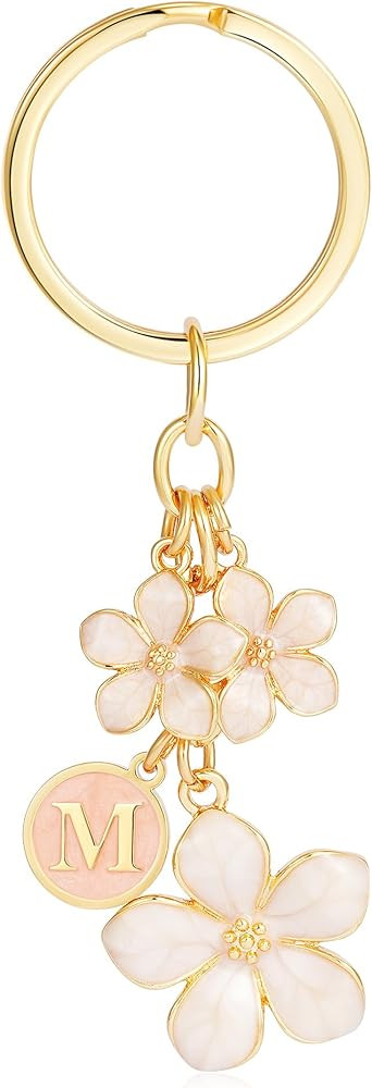 White Flower Initial Keychain for Girls Women, Bag Purse Charms Birthday Gifts for 5 6 7 8 9 10 Y... | Amazon (US)