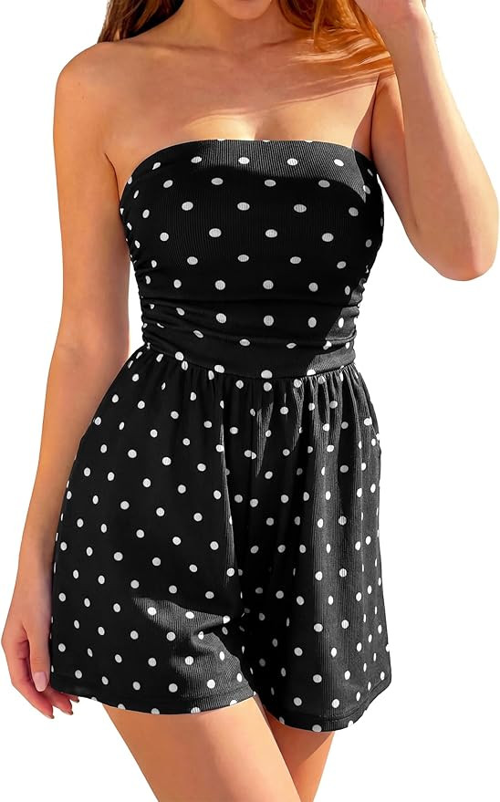 BTFBM Romper For Women 2026 Spring Strapless Printed Tube Boho Wide Leg Beach Short Jumpsuit Summ... | Amazon (US)