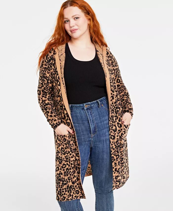 Plus Size Cheetah-Print Hooded Open 100% Cashmere Cardigan, Created for Macy's | Macy's