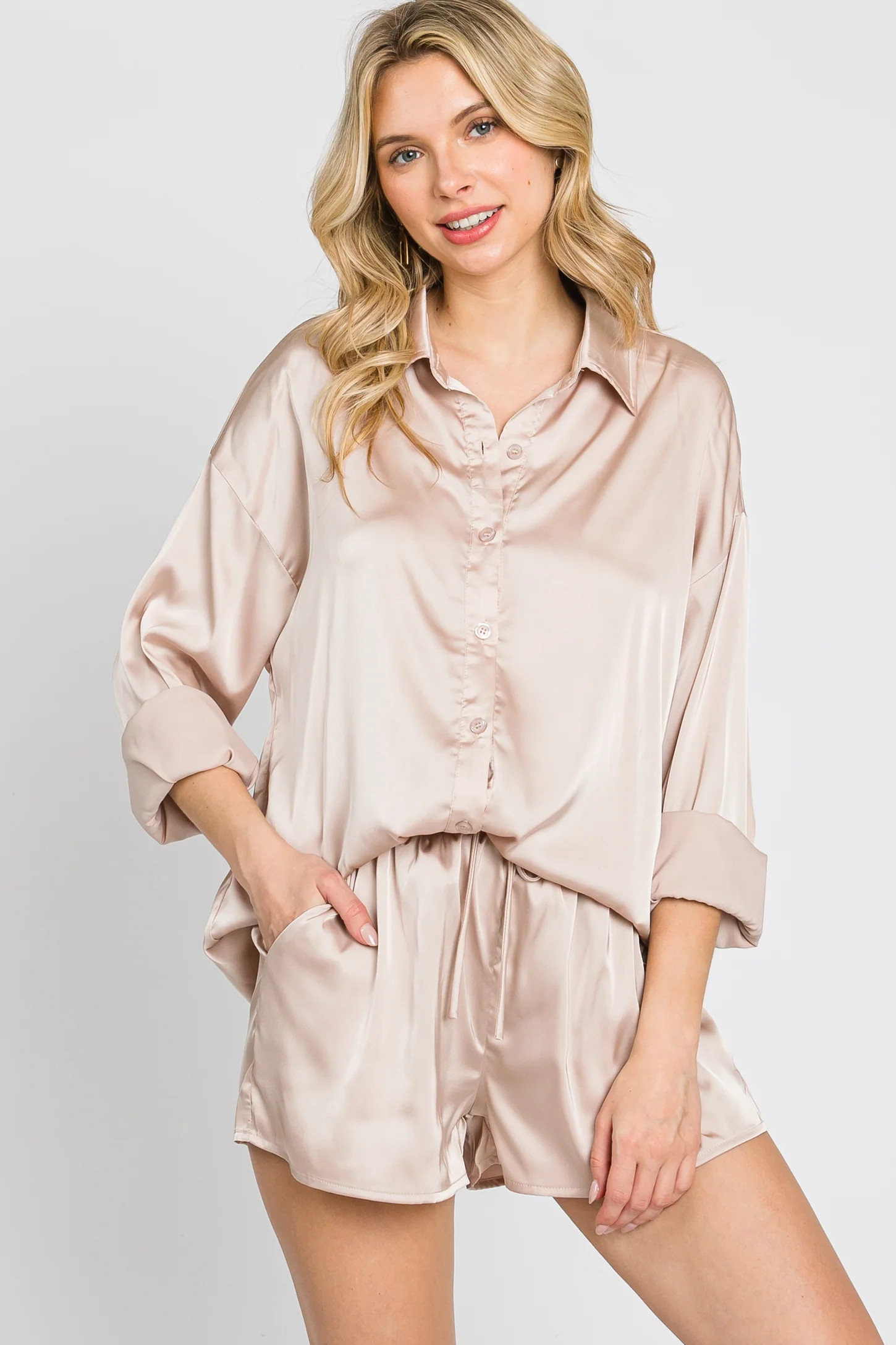 Light Taupe Button Up and Short Satin Set | PinkBlush Maternity