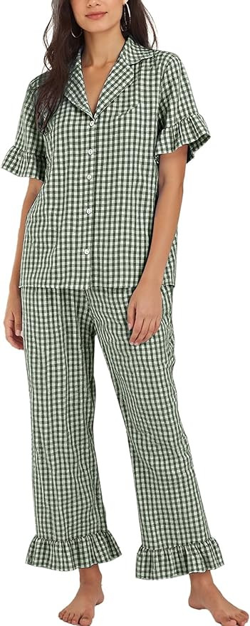 Flygo Womens Plaid Pajamas Sets 2 Piece Cotton Pj Set Ruffled Sleeve Button Down Shirt Gingham Pa... | Amazon (US)