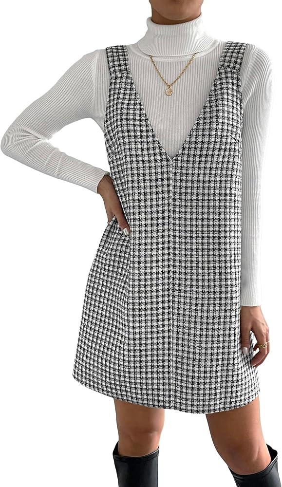 COZYEASE Women's Plaid Overall Dress Straight Sleeveless Pinafore Straps Dress Workwear Without S... | Amazon (US)