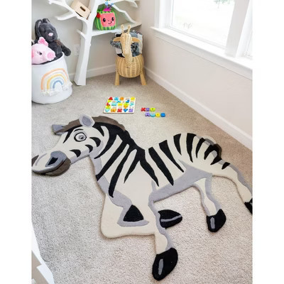 Unique Loom Playtime Kids Wool Collection Area Rug - Freeform Zebra (4' 6" x 5' 1"  White and Black/Gray) | Target