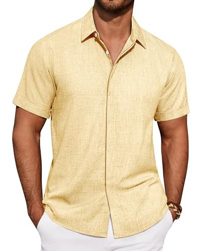 Lusead Linen Yellow Shirt Mens Short Sleeve Button Down Shirt Casual Summer Beach Vacation Cruise Wedding Shirts L | Amazon (US)