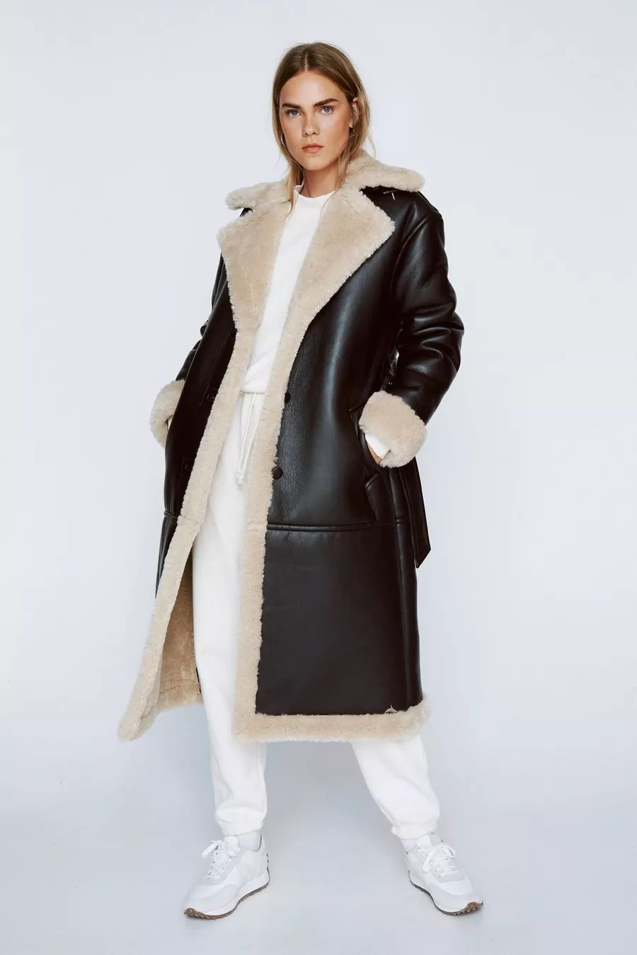 Premium Faux Leather Belted Borg Lined Coat | Nasty Gal UK (+IE)