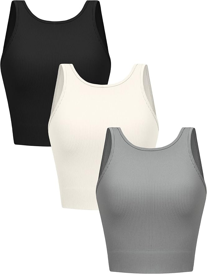 VVX Women's 3 Piece Ribbed Crop Tank Tops - Seamless Workout Cropped Top Yoga Tanks for Women Hal... | Amazon (US)