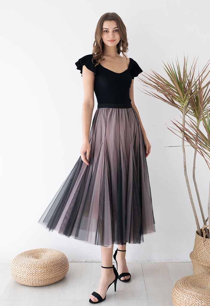 Mixture Color Panelled Tulle Maxi Skirt in Black | Chicwish