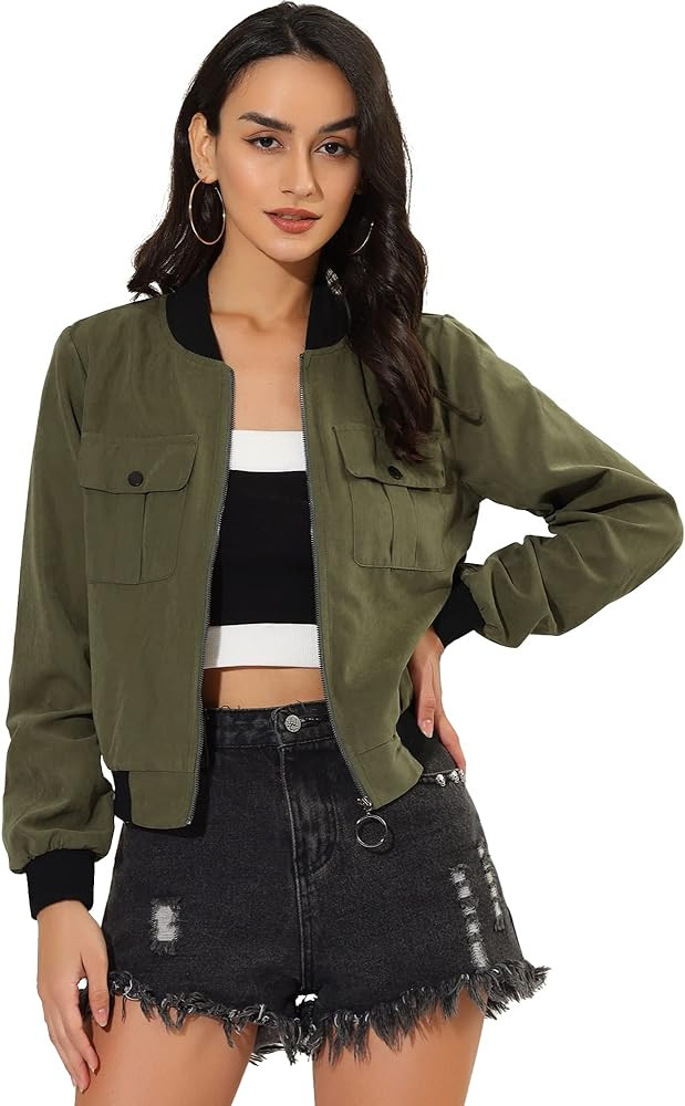 Allegra K Women's Zip Up Bomber Jackets Long Sleeves Casual Lightweight Biker Coat | Amazon (US)