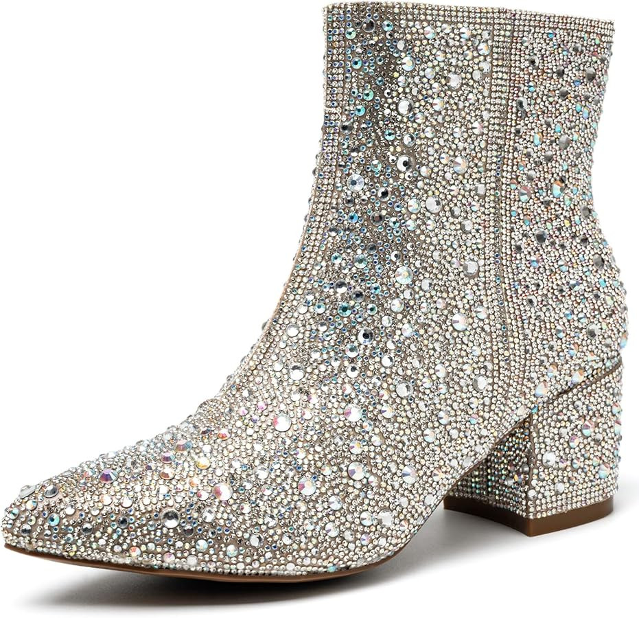 YAYONE Rhinestone Zipper Sparkly Ankle Boots - Glitter Pointed Toe Fashion Comfortable Shoes, Pul... | Amazon (US)