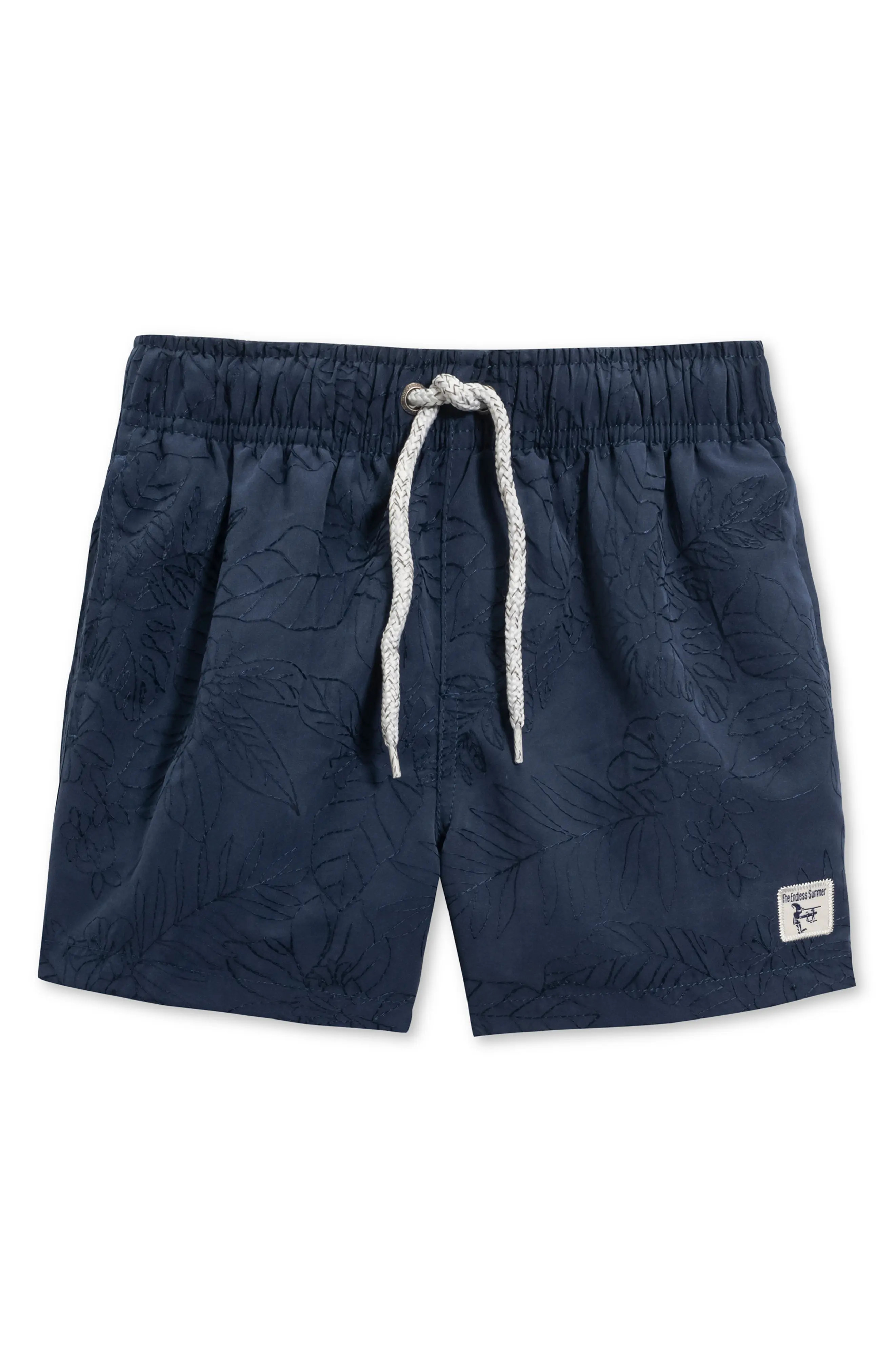 THE ENDLESS SUMMER Kids' Embroidered Leaf Volley Swim Shorts in Navy at Nordstrom Rack, Size 14Y | Nordstrom Rack