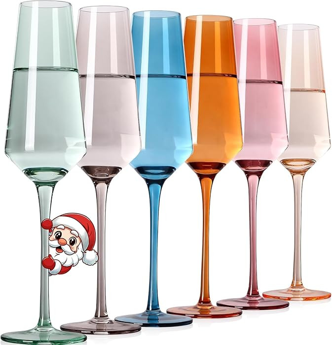 Colored Champagne Flutes Set of 6, Large 8 Oz【Hand Blown】 Crystal Wine Glasses, Lead-Free Col... | Amazon (US)