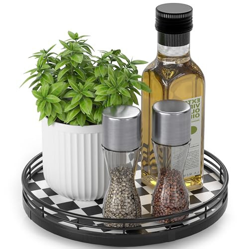 Black and White Kitchen Lazy Susan Turntable – Checkered Round Decorative Tray, 9" Table Top Oak Wood Lazy Susan for Cookies, Dining Table Organizer, Small Kitchen Table Centerpiece | Amazon (US)