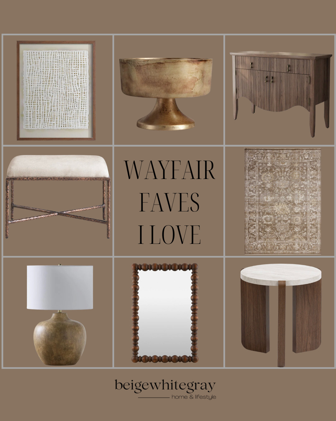 Wayfair Faves I Love, Wayfair home decor, Wayfair finds, neutral home decor, organic modern decor, designer inspired decor, affordable luxury decor, warm wood furniture, textured wall art, vintage inspired rug, accent stool, modern table lamp, bead mirror, fluted cabinet, marble side table, curated home finds, living room decor ideas, bedroom decor inspiration, high end look for less, earthy home decor, beige home aesthetic

#LTKHome