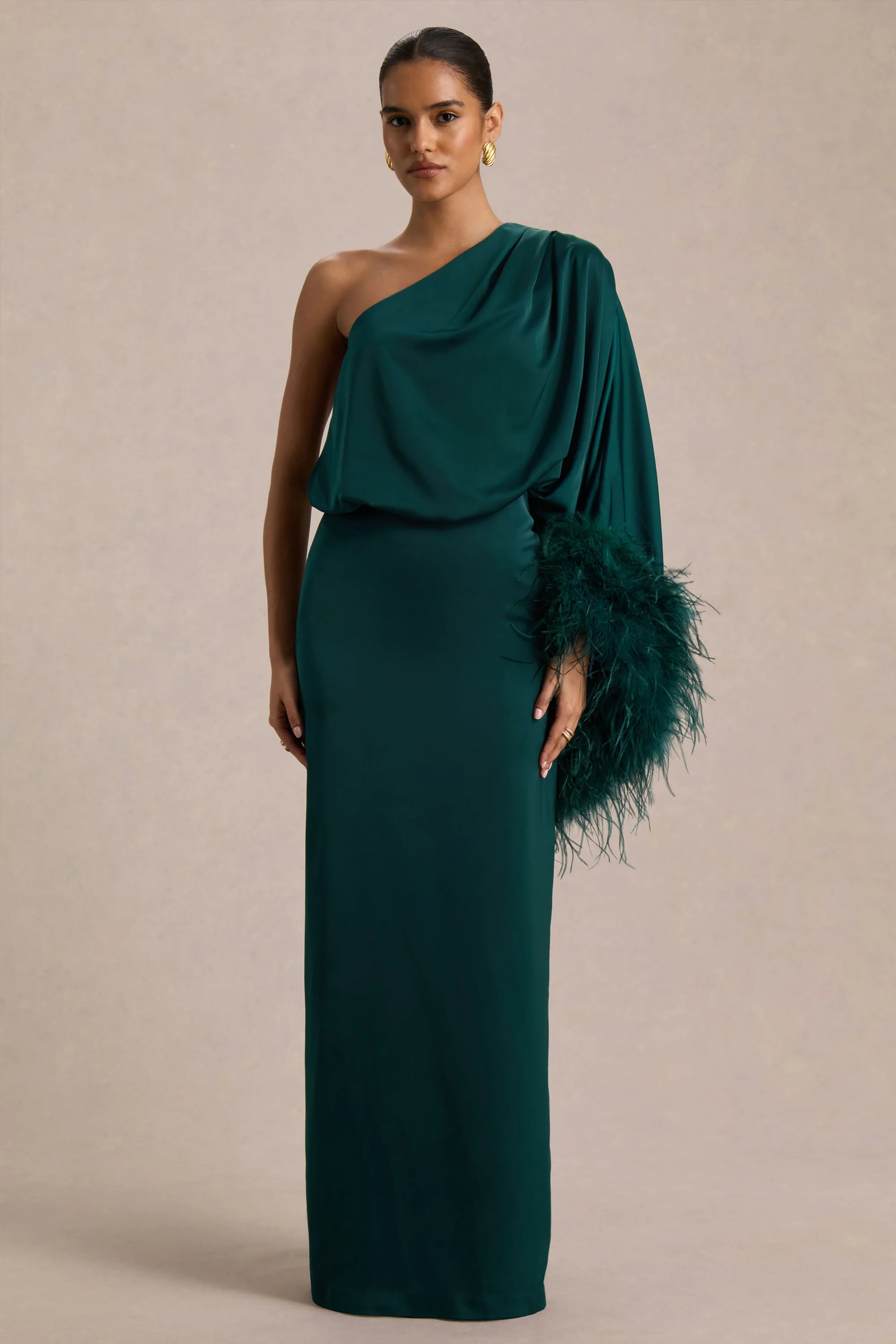 Felicity | Teal Satin Asymmetric-Neck Maxi Dress With Feather Detailing | Club L London