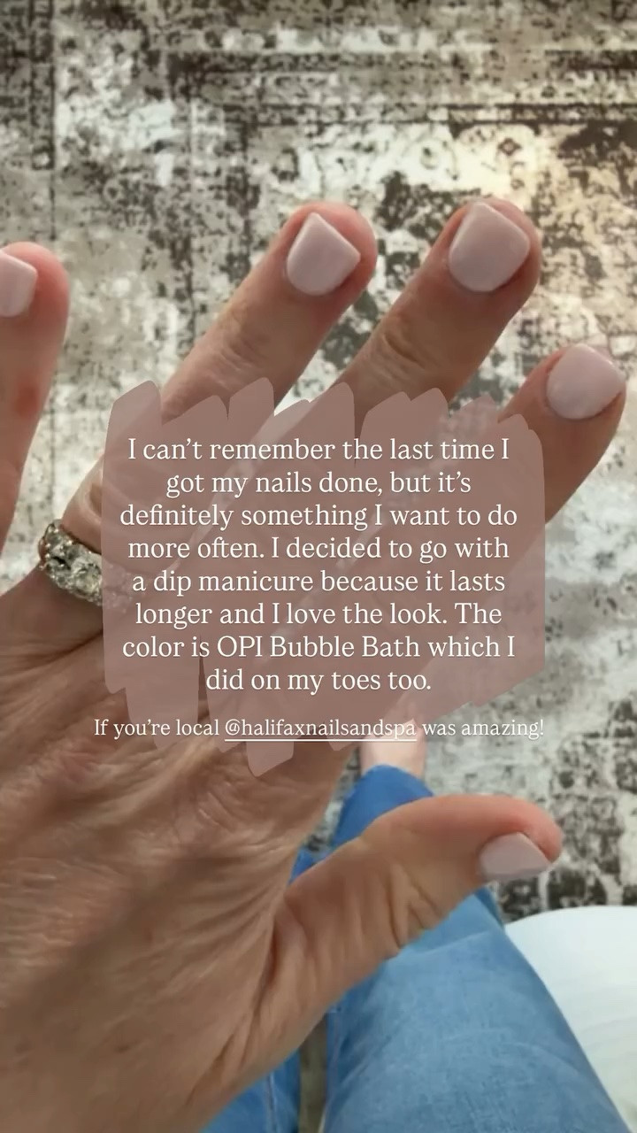 I can’t remember the last time I got my nails done, but it’s definitely something I want to do more often. I decided to go with a dip manicure because it lasts longer and I love the look. The color is OPI Bubble Bath which I did on my toes too. If you’re local @halifaxnailsandspa was amazing!