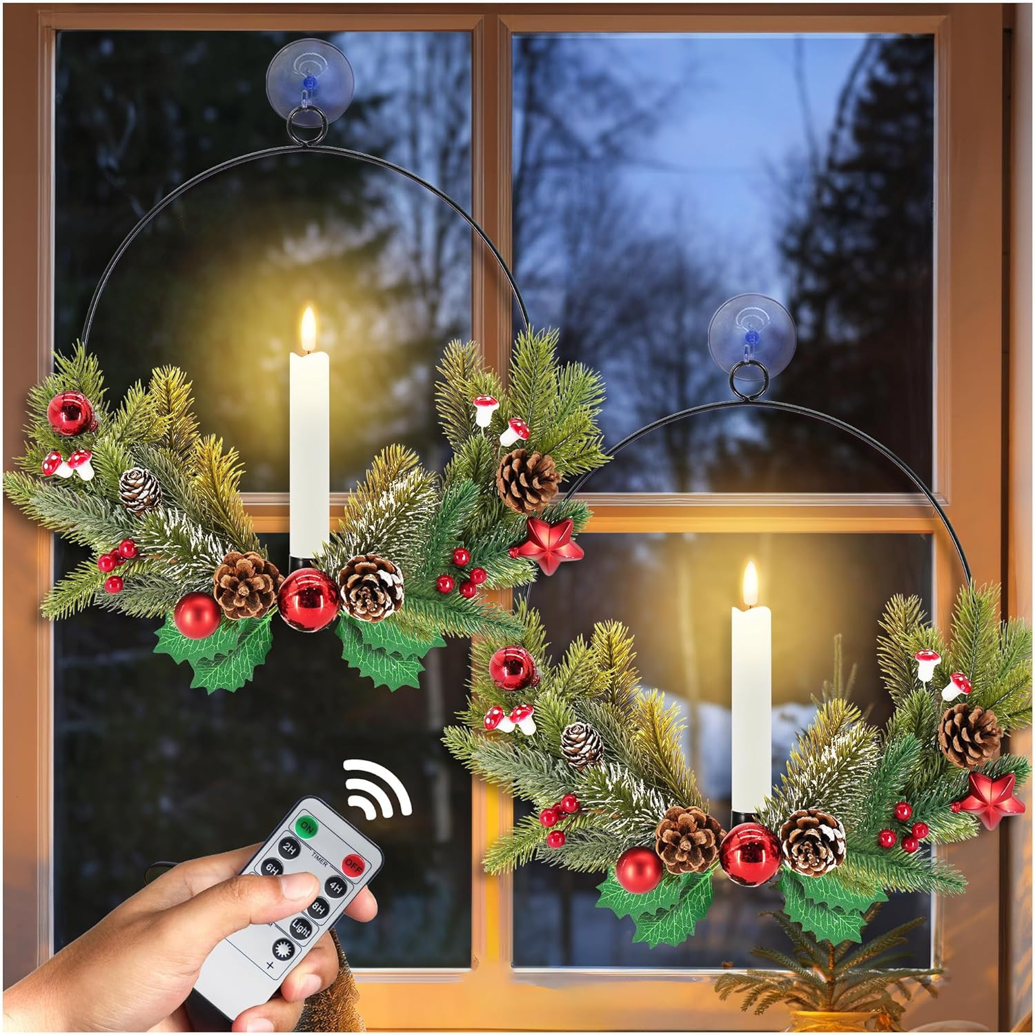 2 Pack Christmas Wreaths for Front Door with LED Taper Candles 16 inch Christmas Wreath for Windo... | Amazon (US)
