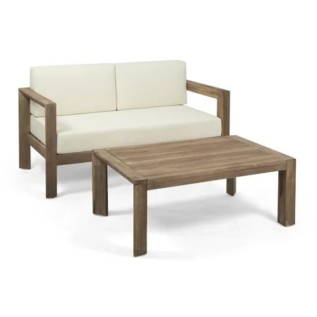 Lucia Outdoor 2 Seater Wooden Loveseat and Coffee Table Chat Set with Cushions, Beige and Brown Fini | Walmart (US)