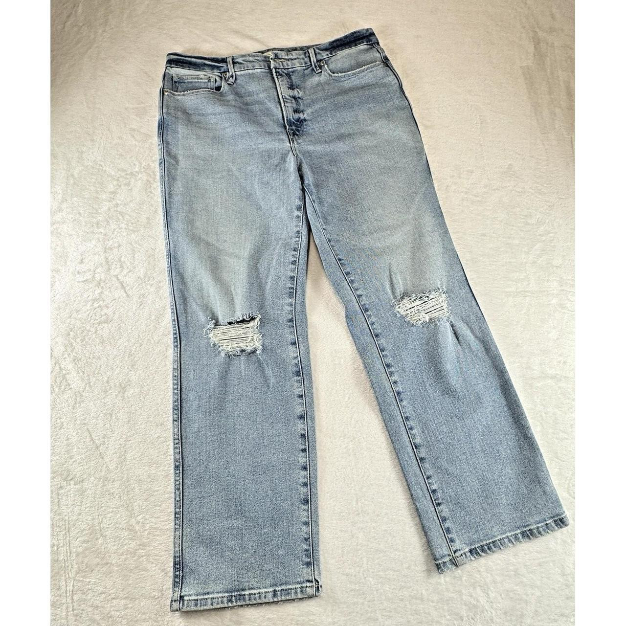 GOOD AMERICAN Women's High waisted Distressed Jeans - Blue | Depop US
