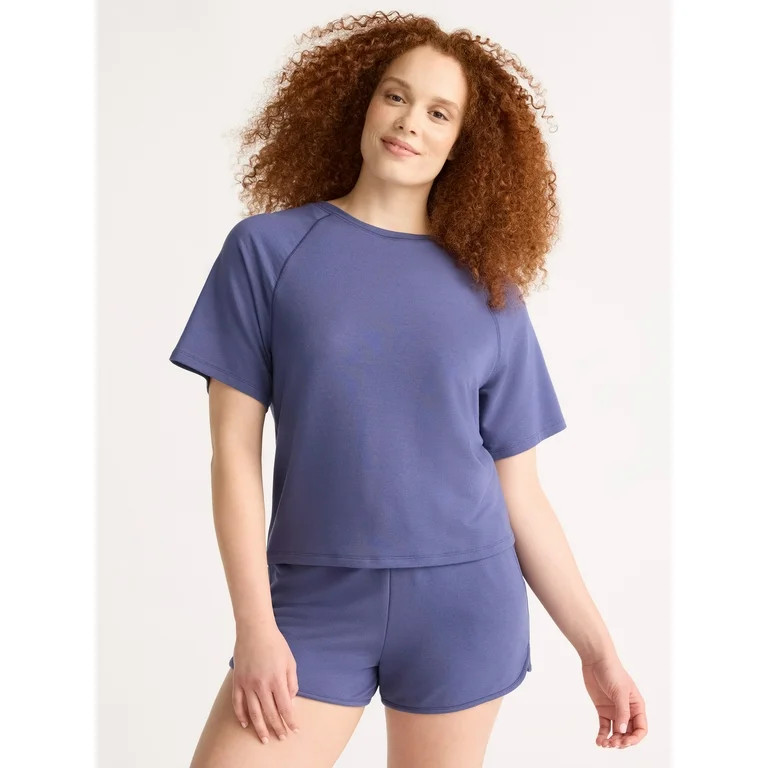 Joyspun Women's French Terry Short Sleeve Top and Shorts Pajama Set, 2-Piece, Sizes XS-3X | Walmart (US)