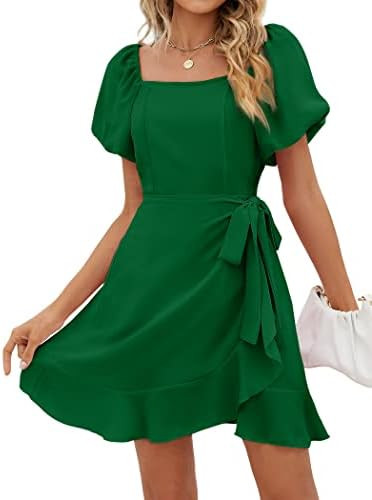 SAMPEEL Womens Summer Dresses Square Neck Puff Sleeve Tie Waist Short Dress | Amazon (US)