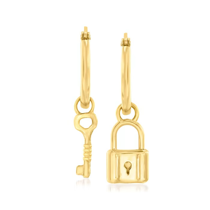 14kt Yellow Gold Removable Lock and Key Mismatched Hoop Drop Earrings | Ross-Simons
