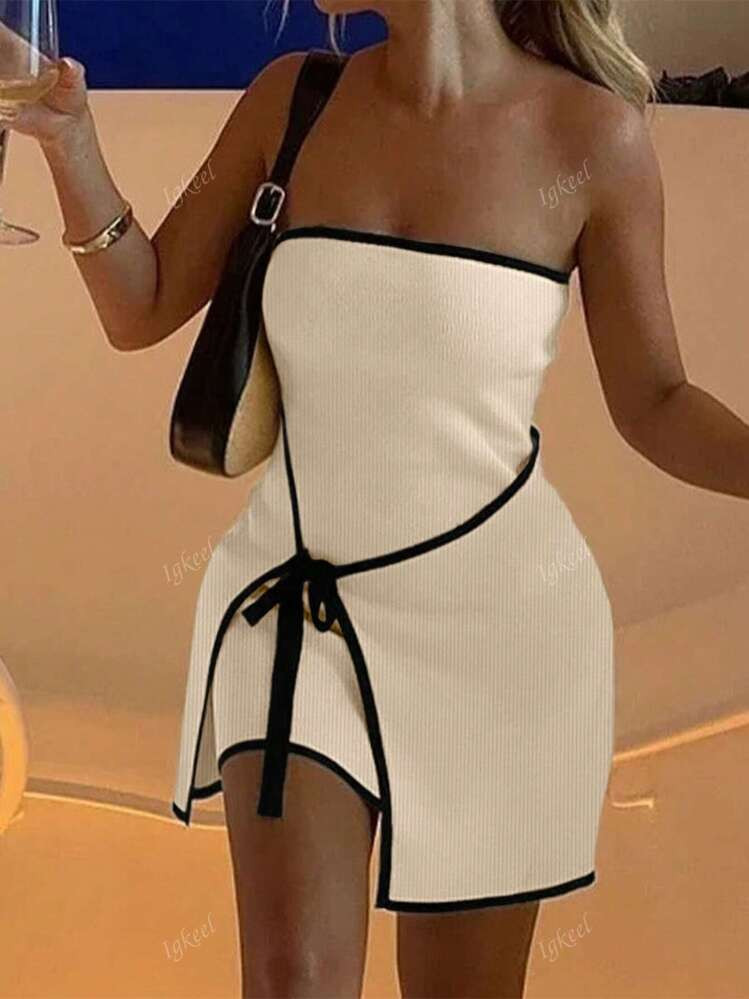 Spring And Summer Women's Dress, Romantic And Elegant, Color-Block Off-The-Shoulder Knitted Mini Dress,Western Wear Women | SHEIN