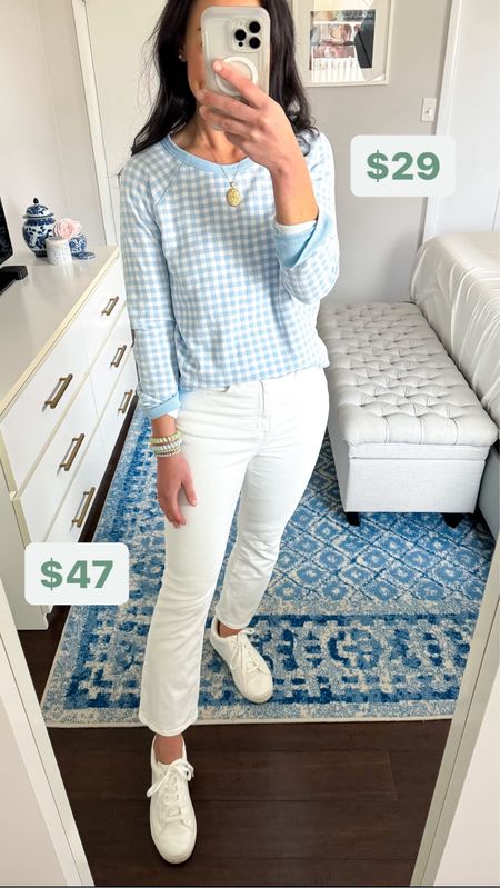 Run…my gingham sweatshirt is back on sale for only $29, but it ends at midnight!! My white cropped jeans are also on sale for only $47! Both are items I love and have worn so many times. 

I also gifted the sweatshirt to my mom and my MIL a few years ago for Mother’s Day, and they both love it!! 

Paired with my favorite $30 white tennis shoes from Target! 

Sizing:
Sweatshirt fits TTS. If between sizes, I would probably size up for comfort. I’m wearing a S. 
Jeans fit TTS, but they have a good stretch, so if between sizes you might size down. I’m wearing a 26. 
Sneakers fit TTS.

Casual style, sale alert, affordable style, gift ideas, preppy, classic, Draper James, JCrew factory 

#LTKsalealert #LTKfindsunder50 #LTKstyletip